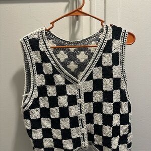 Black and White Crochet Checkered Vest